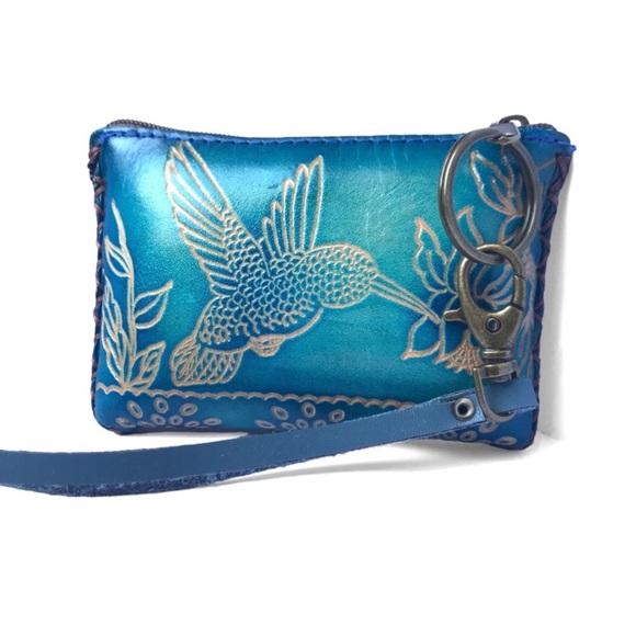 1 LEFT! Genuine Leather Handmade Handcrafted Hummingbird Wristlet Pouch - Picture 3 of 4